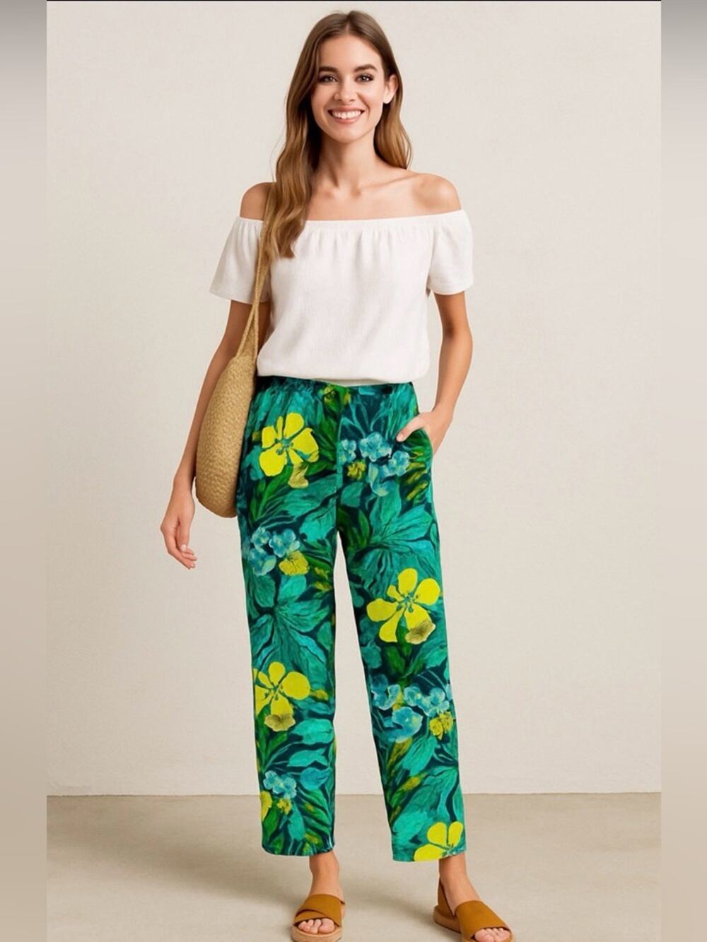 UEC Talbots Greens Teals Yellow TROPICAL Floral Pull-On  Relaxed Travel Pants M